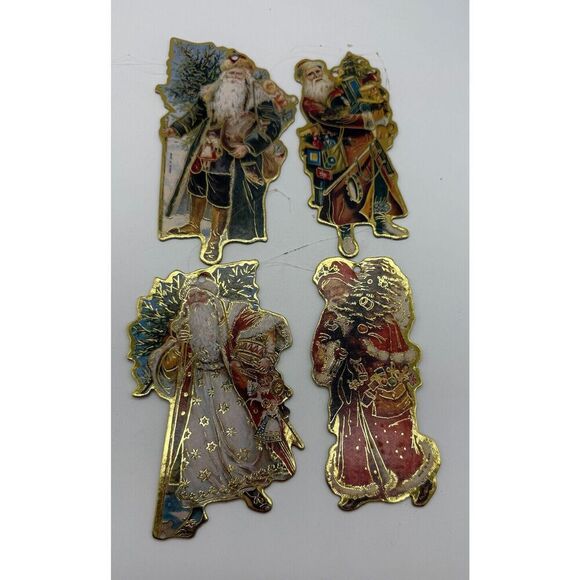 Set of 4 Vintage Die Cut Cardboard Holiday Ornaments, 2 Sided: Santa's stocking - Picture 1 of 9